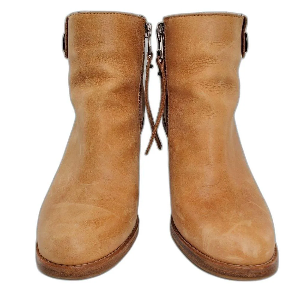 Surface To Air Tan Leather Stacked Block Side-Zip Almond Toe Ankle Boots